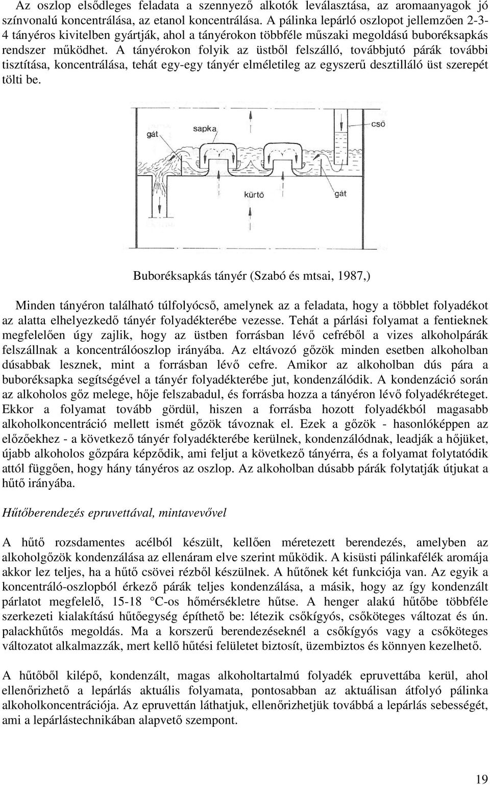 A tányérokon folyik az üstbıl felszálló, továbbjutó párák további tisztítása, koncentrálása, tehát egy-egy tányér elméletileg az egyszerő desztilláló üst szerepét tölti be.