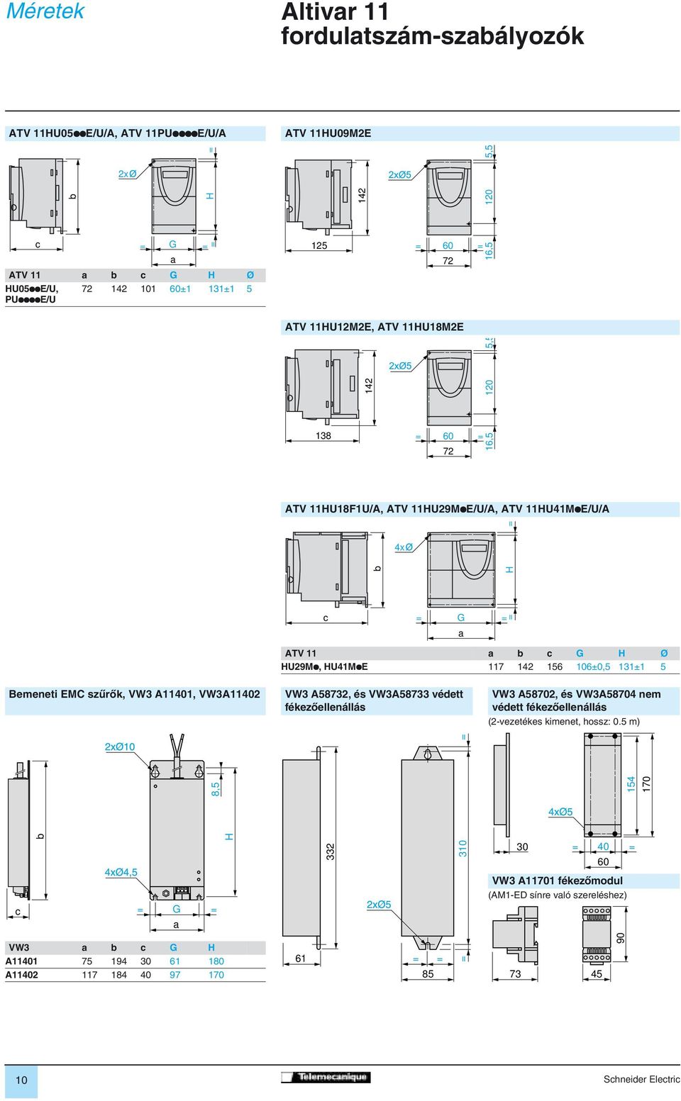 Bemeneti EMC szûrôk, VW3 A40, VW3A402 VW3 A58732, és VW3A58733 védett fékezôellenállás VW3 A58702, és VW3A58704 nem védett fékezôellenállás (2-vezetékes kimenet, hossz: