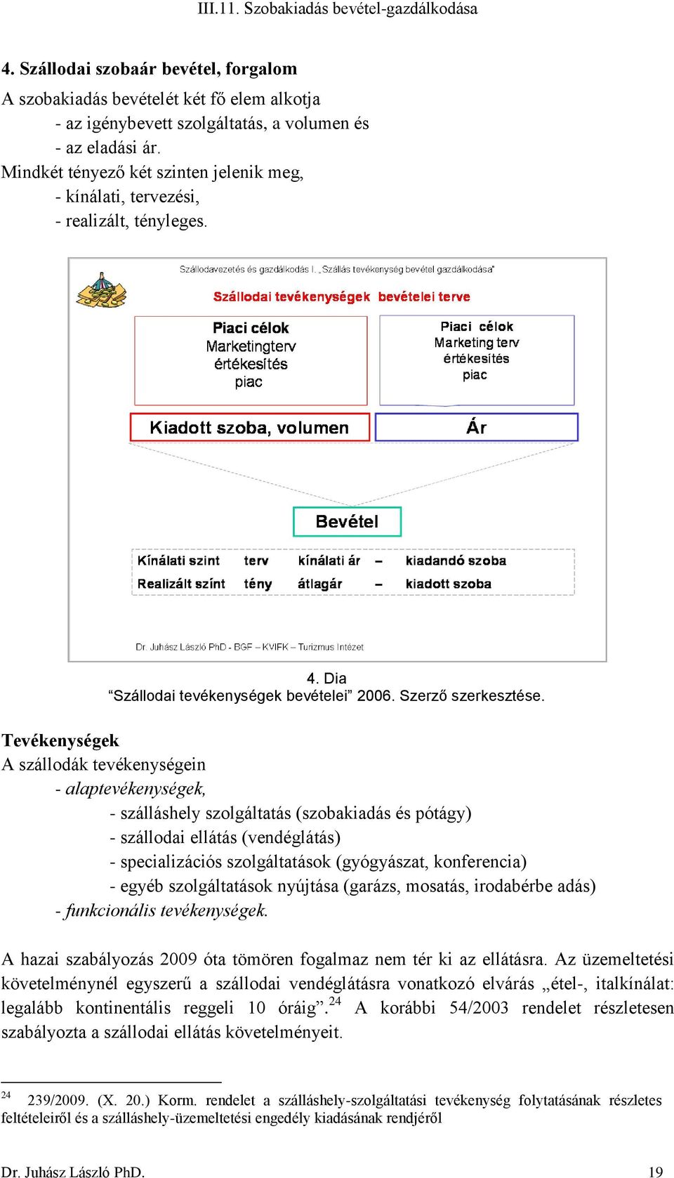 Tevékenységek A szállodák tevékenységein - alaptevékenységek, - szálláshely szolgáltatás (szobakiadás és pótágy) - szállodai ellátás (vendéglátás) - specializációs szolgáltatások (gyógyászat,