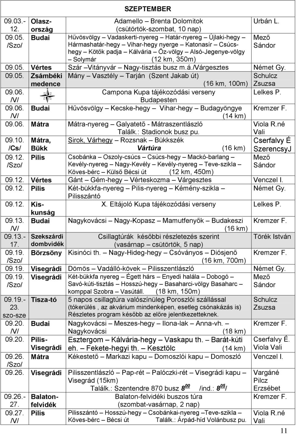 Budai Nagykovácsi Meszes-hegy Ilona-lak Anna-vh. 09.03.- Olaszország Adamello Brenta Dolomitok Urbán L. 12. (csütörtök-szombat, 10 nap) 09.05.