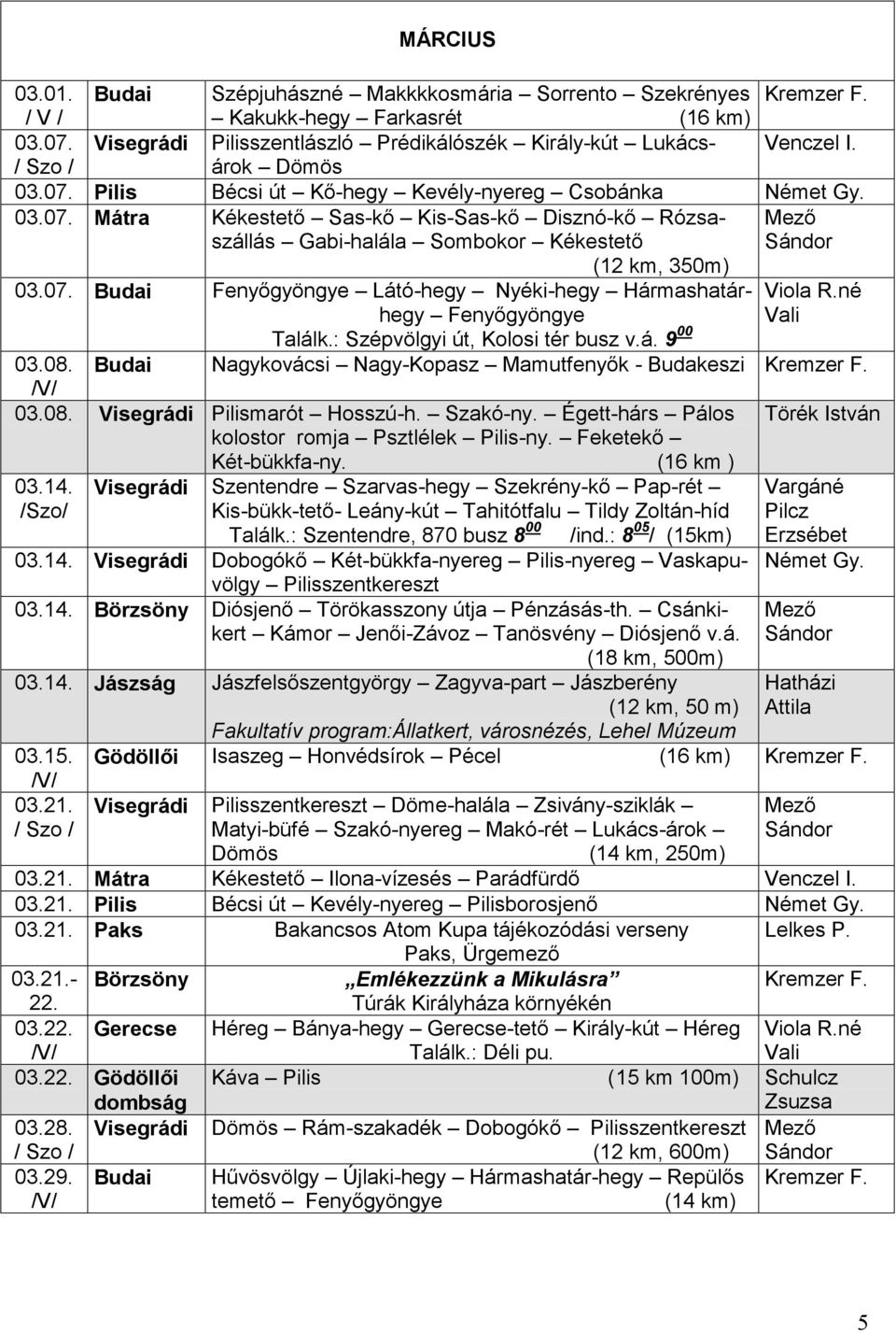 : Szépvölgyi út, Kolosi tér busz v.á. 9 00 03.08. Budai Nagykovácsi Nagy-Kopasz Mamutfenyők - Budakeszi 03.08. Visegrádi Pilismarót Hosszú-h. Szakó-ny.