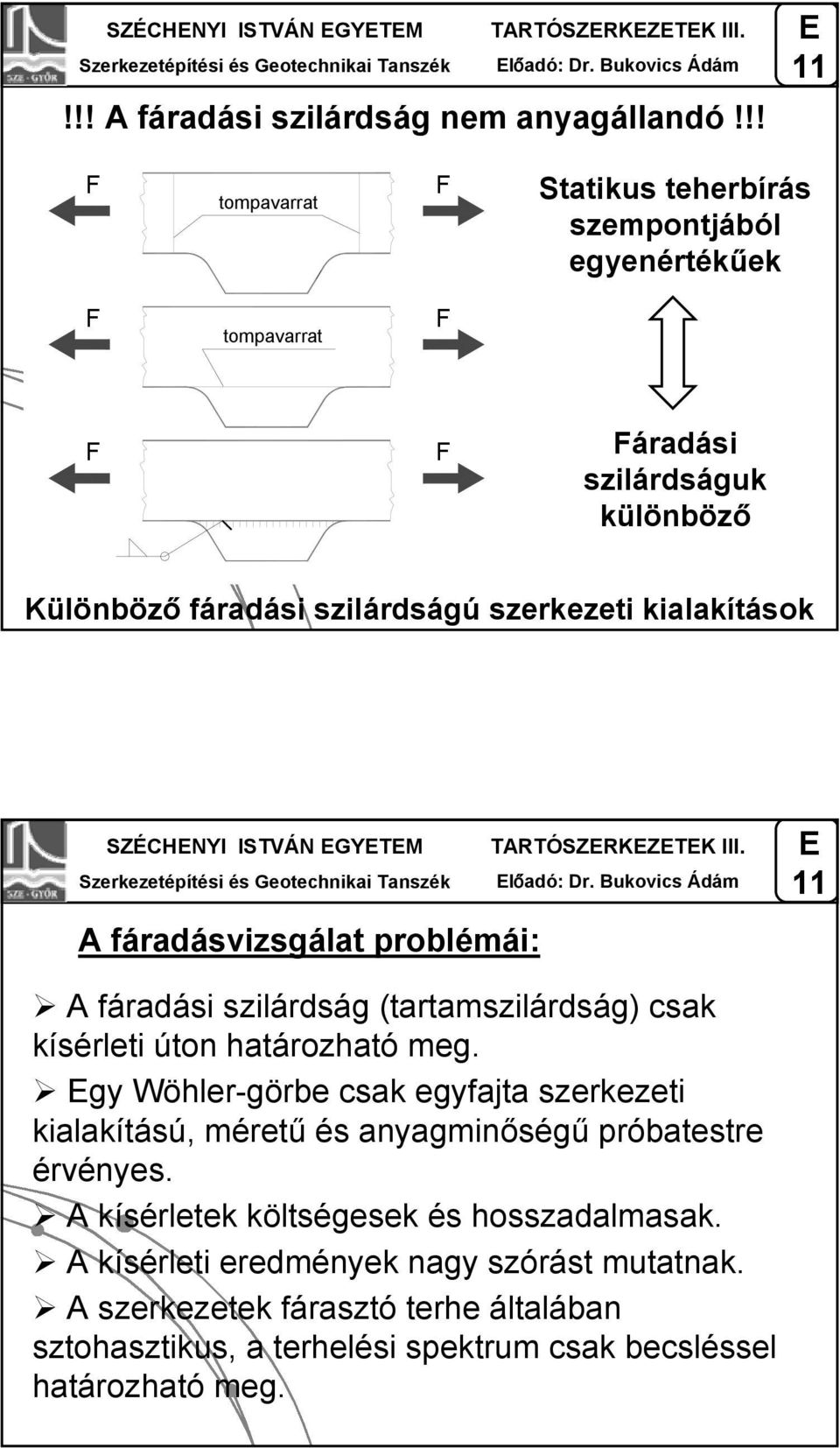 ISTVÁN GYTM TARTÓSZRKZTK III. lőadó: Dr. Bukovics Ádám A fáradásvizsgálat problémái: A fáradási szilárdság (tartamszilárdság) csak kísérleti úton határozható meg.