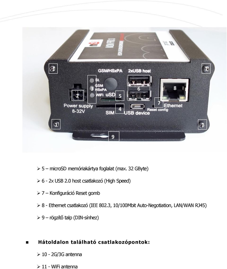 0 host csatlakozó (High Speed) 7 Konfiguráció Reset gomb 8 - Ethernet csatlakozó