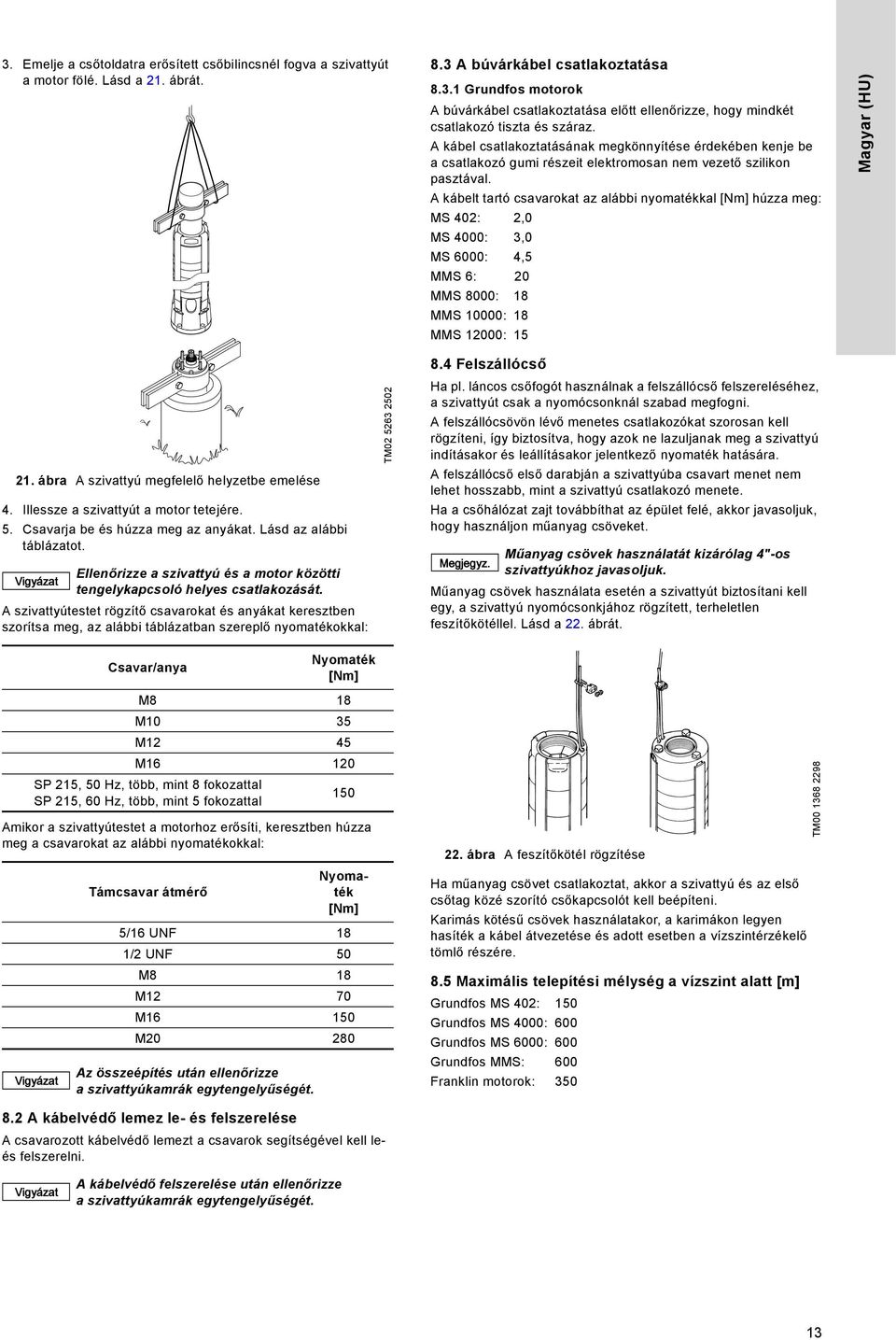 A kábelt tartó csavarokat az alábbi nyomatékkal [Nm] húzza meg: MS 402: 2,0 MS 4000: 3,0 MS 6000: 4,5 MMS 6: 20 MMS 8000: 18 MMS 10000: 18 MMS 12000: 15 Magyar (HU) 21.