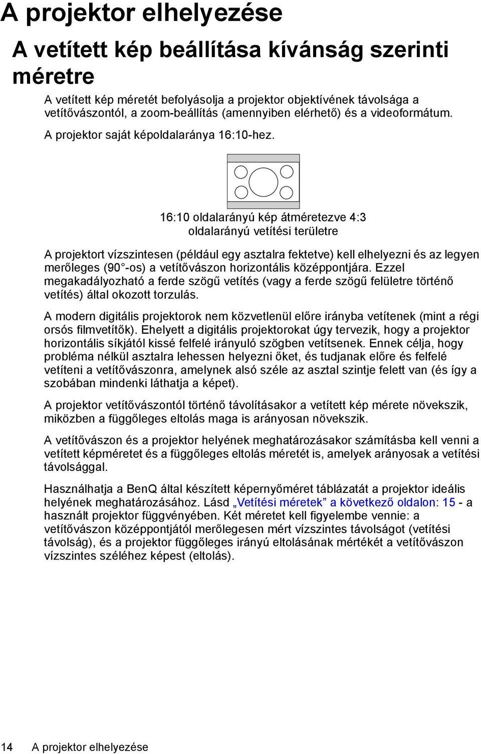 16:10 oldalarányú kép átméretezve 4:3 oldalarányú vetítési területre A projektort vízszintesen (például egy asztalra fektetve) kell elhelyezni és az legyen merőleges (90 -os) a vetítővászon