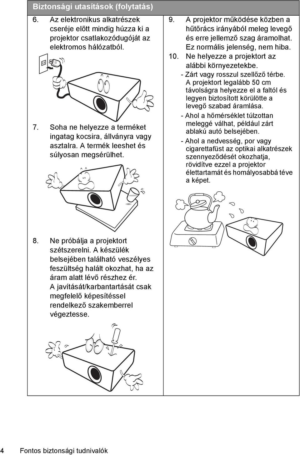 A projektor működése közben a hűtőrács irányából meleg levegő és erre jellemző szag áramolhat. Ez normális jelenség, nem hiba. 10. Ne helyezze a projektort az alábbi környezetekbe.