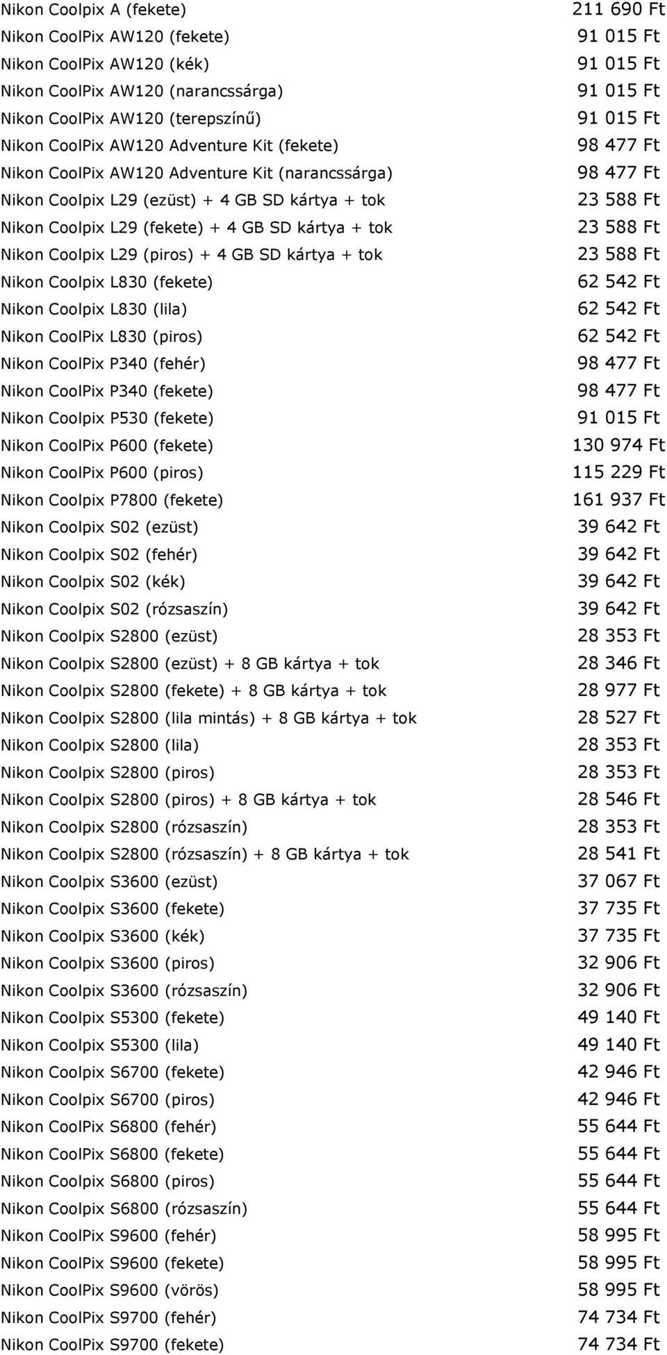 Coolpix L830 (fekete) Nikon Coolpix L830 (lila) Nikon CoolPix L830 (piros) Nikon CoolPix P340 (fehér) Nikon CoolPix P340 (fekete) Nikon Coolpix P530 (fekete) Nikon CoolPix P600 (fekete) Nikon CoolPix