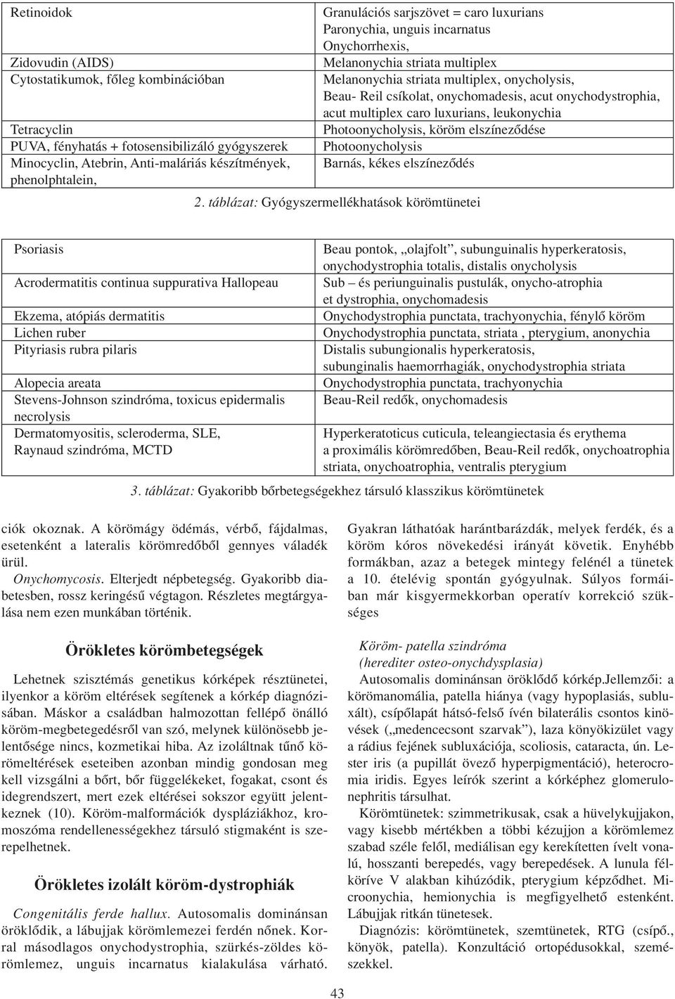 onycholysis, Beau- Reil csíkolat, onychomadesis, acut onychodystrophia, acut multiplex caro luxurians, leukonychia Photoonycholysis, köröm elszínezôdése Photoonycholysis Barnás, kékes elszínezôdés