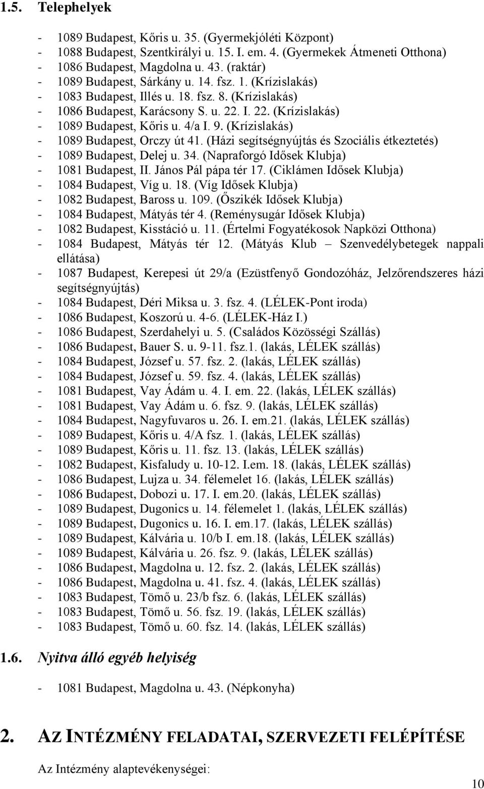 4/a I. 9. (Krízislakás) - 1089 Budapest, Orczy út 41. (Házi segítségnyújtás és Szociális étkeztetés) - 1089 Budapest, Delej u. 34. (Napraforgó Idősek Klubja) - 1081 Budapest, II.