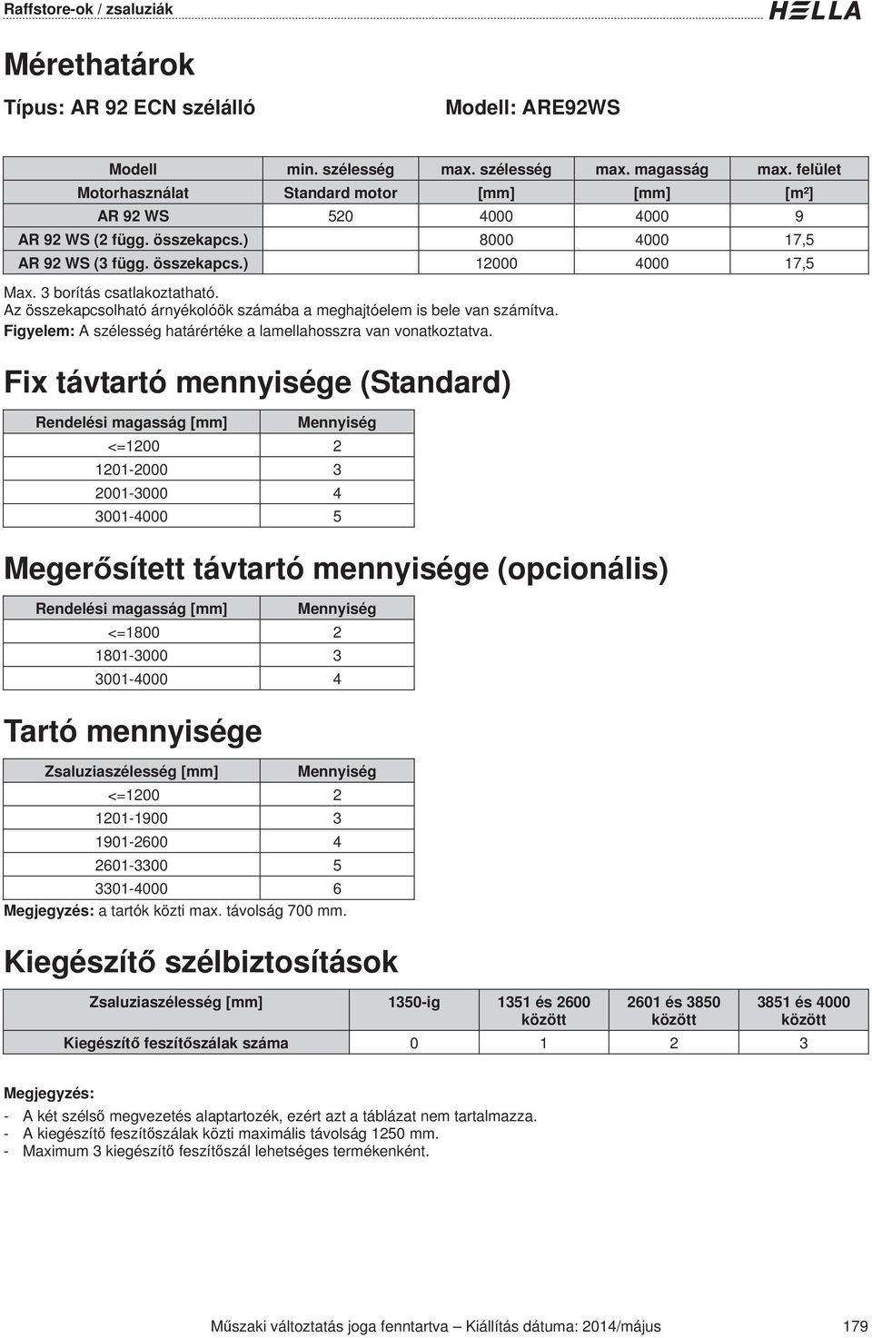 Figyelem: A szélesség határértéke a lamellahosszra van vonatkoztatva.