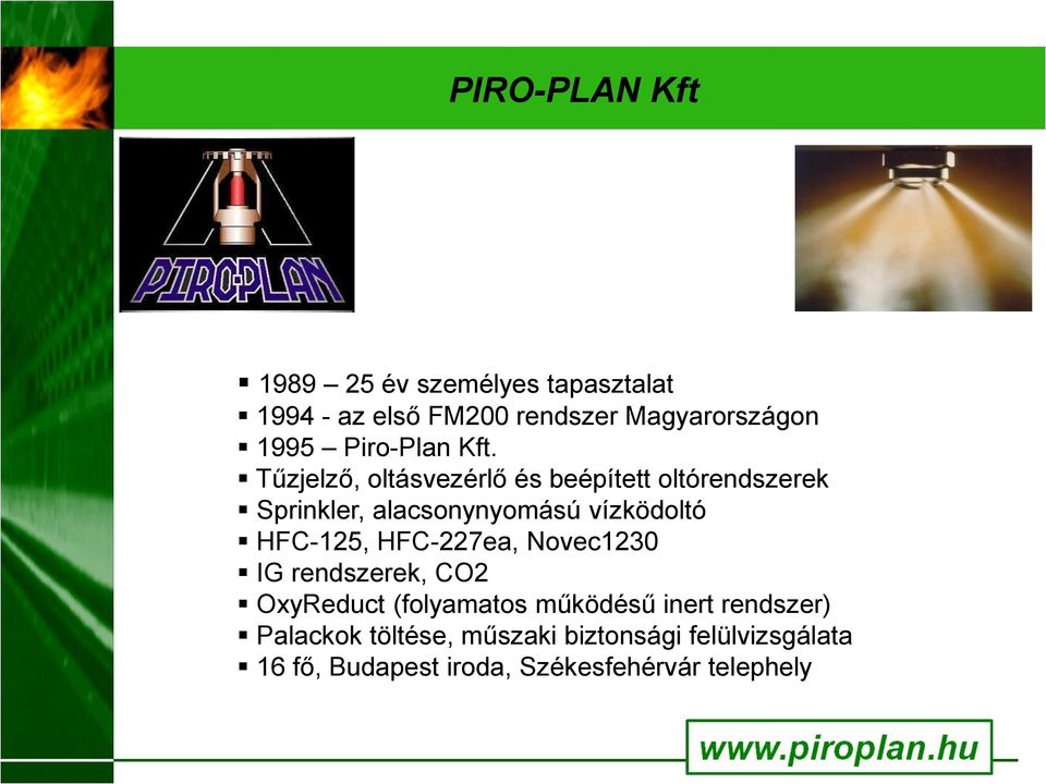 Tűzjelző, oltásvezérlő és beépített oltórendszerek Sprinkler, alacsonynyomású vízködoltó HFC-125,