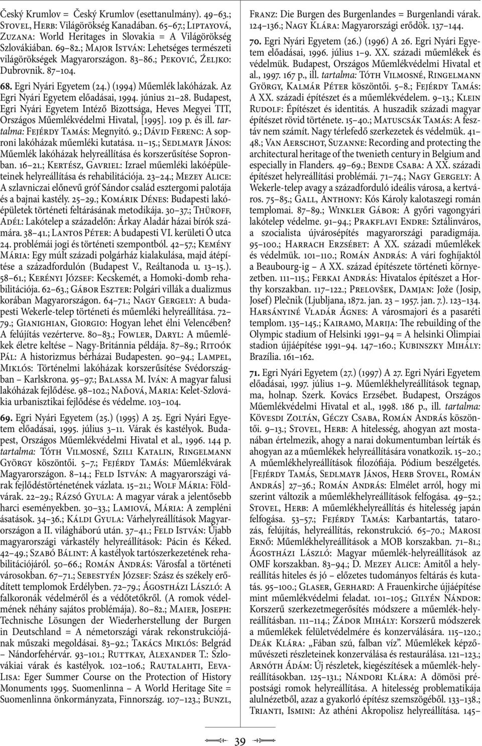 Az Egri Nyári Egyetem előadásai, 1994. június 21 28. Budapest, Egri Nyári Egyetem Intéző Bizottsága, Heves Megyei TIT, Országos Műemlékvédelmi Hivatal, [1995]. 109 p. és ill.