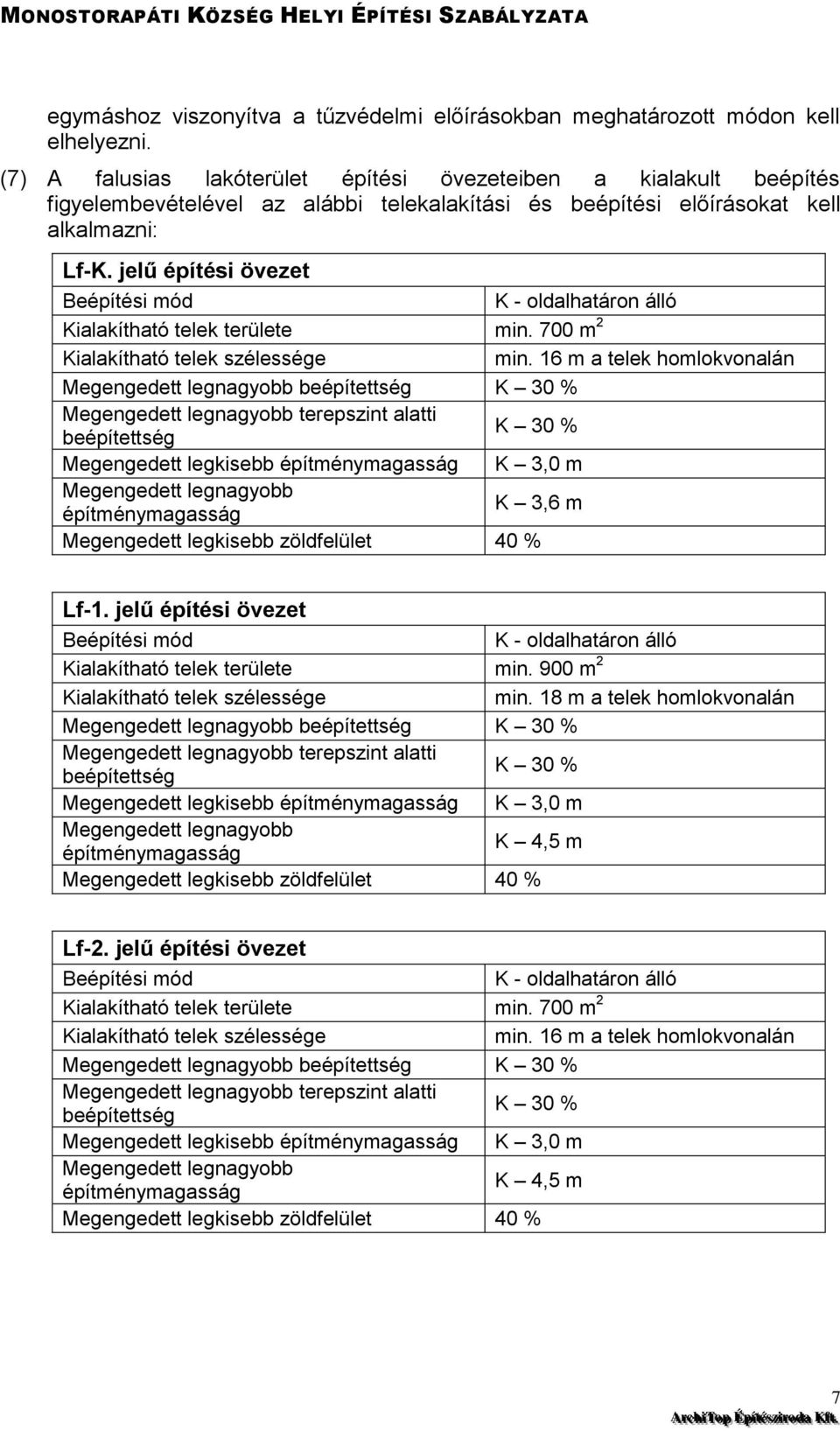 jelű építési övezet Beépítési mód K - oldalhatáron álló Kialakítható telek területe min. 700 m 2 Kialakítható telek szélessége min.