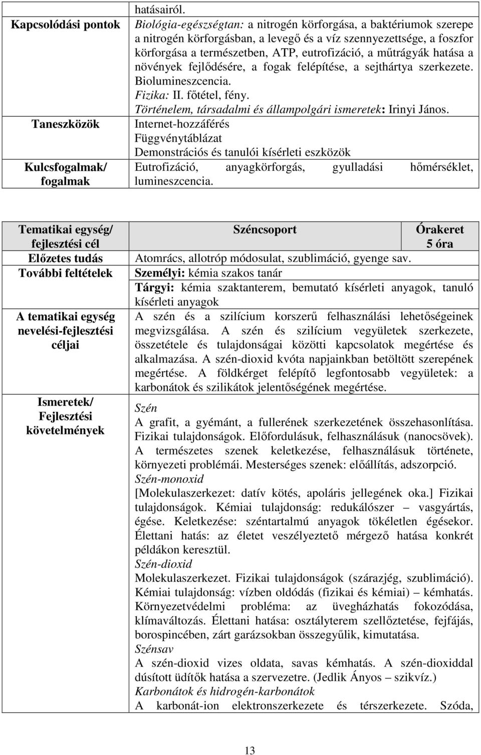 hatása a növények fejlődésére, a fogak felépítése, a sejthártya szerkezete. Biolumineszcencia. Fizika: II. főtétel, fény. Történelem, társadalmi és állampolgári ismeretek: Irinyi János.