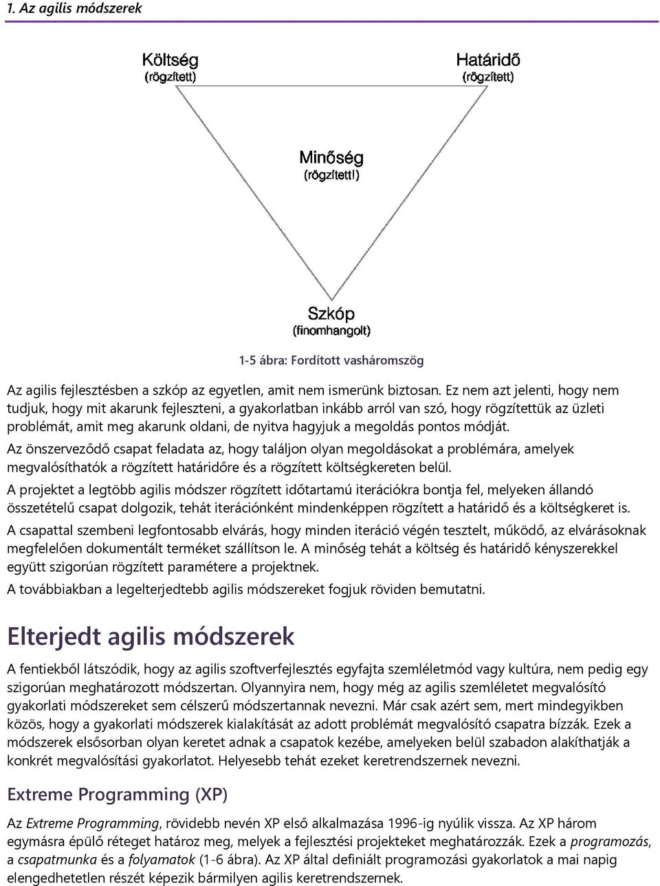 pontos módját. Az önszerveződő csapat feladata az, hogy találjon olyan megoldásokat a problémára, amelyek megvalósíthatók a rögzített határidőre és a rögzített költségkereten belül.