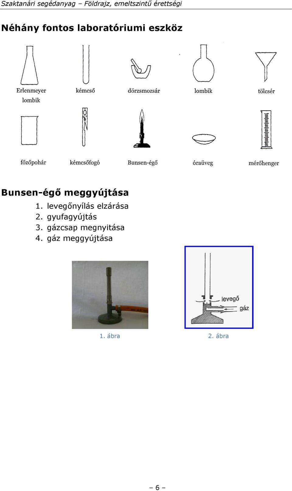 Bunsen-égő meggyújtása 1. levegőnyílás elzárása 2.