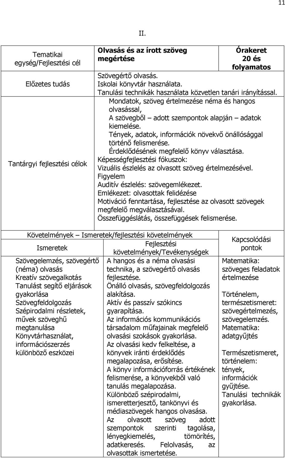 Tények, adatok, információk növekvő önállósággal történő felismerése. Érdeklődésének megfelelő könyv választása. Képességfejlesztési fókuszok: Vizuális észlelés az olvasott szöveg értelmezésével.