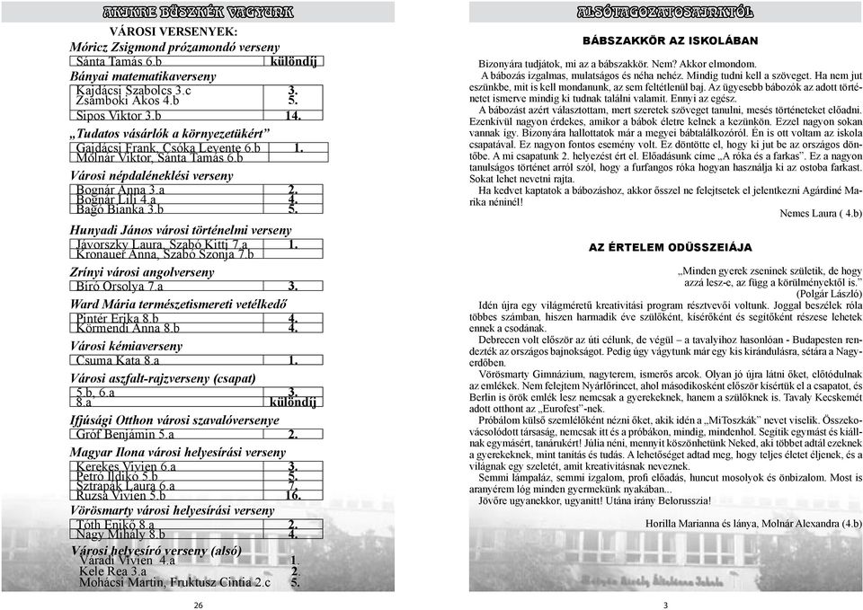 Hunyadi János városi történelmi verseny Jávorszky Laura, Szabó Kitti 7.a 1. Kronauer Anna, Szabó Szonja 7.b Zrínyi városi angolverseny Bíró Orsolya 7.a 3.