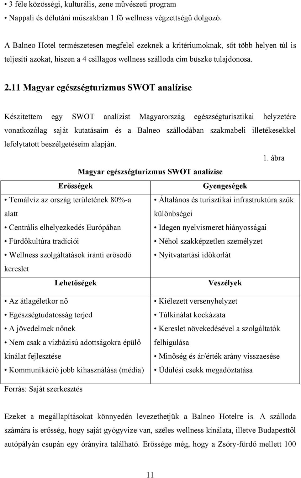 11 Magyar egészségturizmus SWOT analízise Készítettem egy SWOT analízist Magyarország egészségturisztikai helyzetére vonatkozólag saját kutatásaim és a Balneo szállodában szakmabeli illetékesekkel