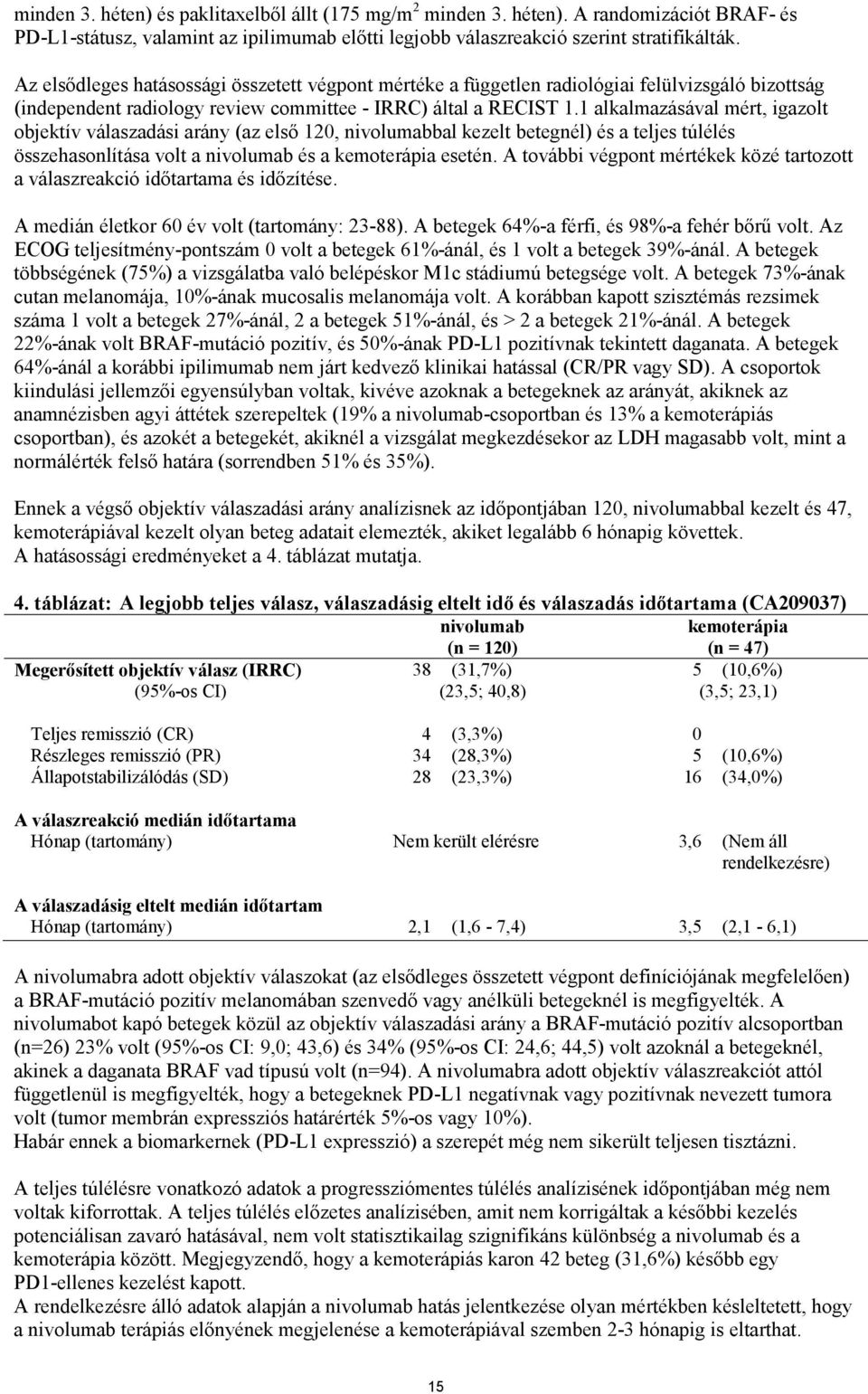 1 alkalmazásával mért, igazolt objektív válaszadási arány (az első 120, nivolumabbal kezelt betegnél) és a teljes túlélés összehasonlítása volt a nivolumab és a kemoterápia esetén.