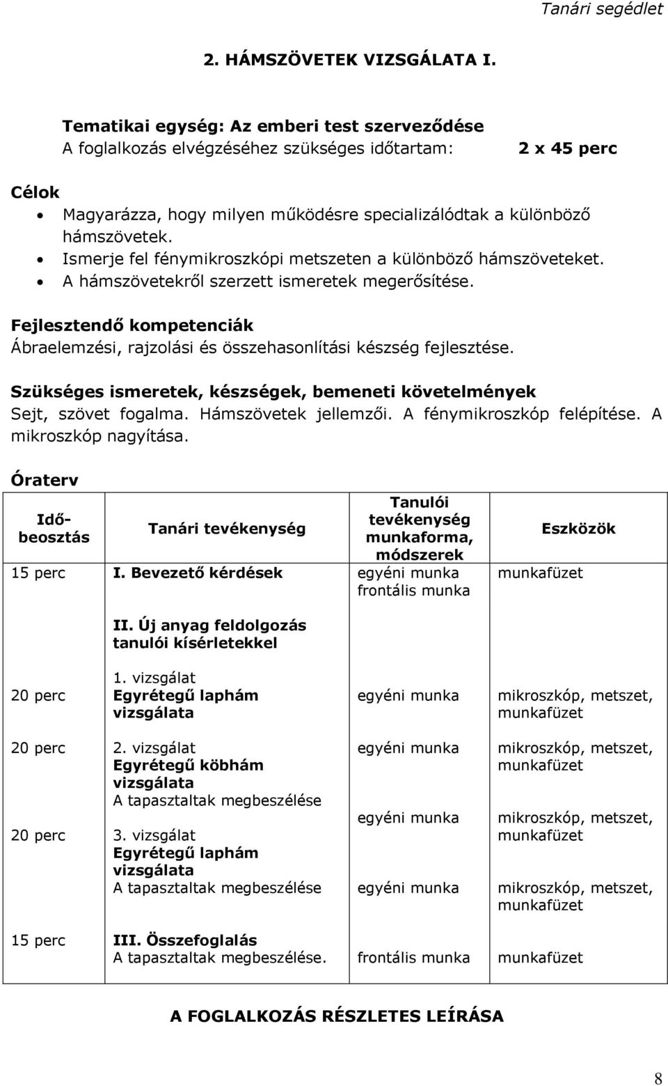 Ismerje fel fénymikroszkópi metszeten a különböző hámszöveteket. A hámszövetekről szerzett ismeretek megerősítése.