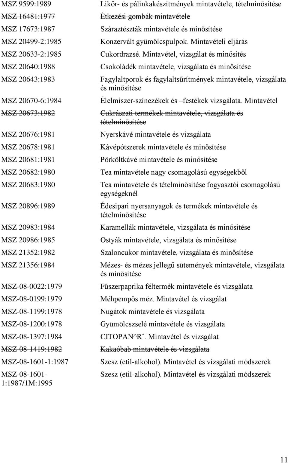 MSZ-08-1601-1:1987 MSZ-08-1601- 1:1987/1M:1995 Likőr- és pálinkakészítmények mintavétele, tételminősítése Étkezési gombák mintavétele Száraztészták mintavétele és minősítése Konzervált gyümölcspulpok.