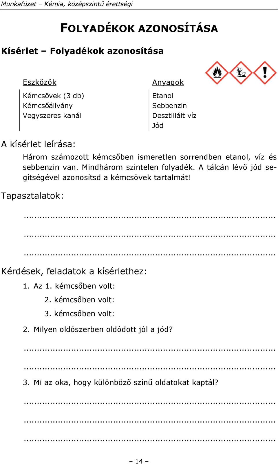 Mindhárom színtelen folyadék. A tálcán lévő jód segítségével azonosítsd a kémcsövek tartalmát!