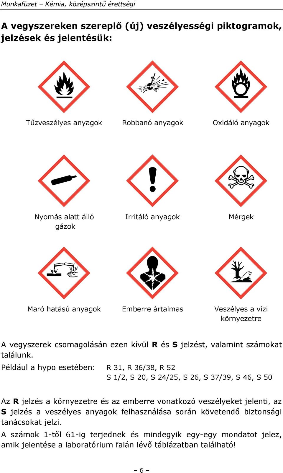 Például a hypo esetében: R 31, R 36/38, R 52 S 1/2, S 20, S 24/25, S 26, S 37/39, S 46, S 50 Az R jelzés a környezetre és az emberre vonatkozó veszélyeket jelenti, az S jelzés a