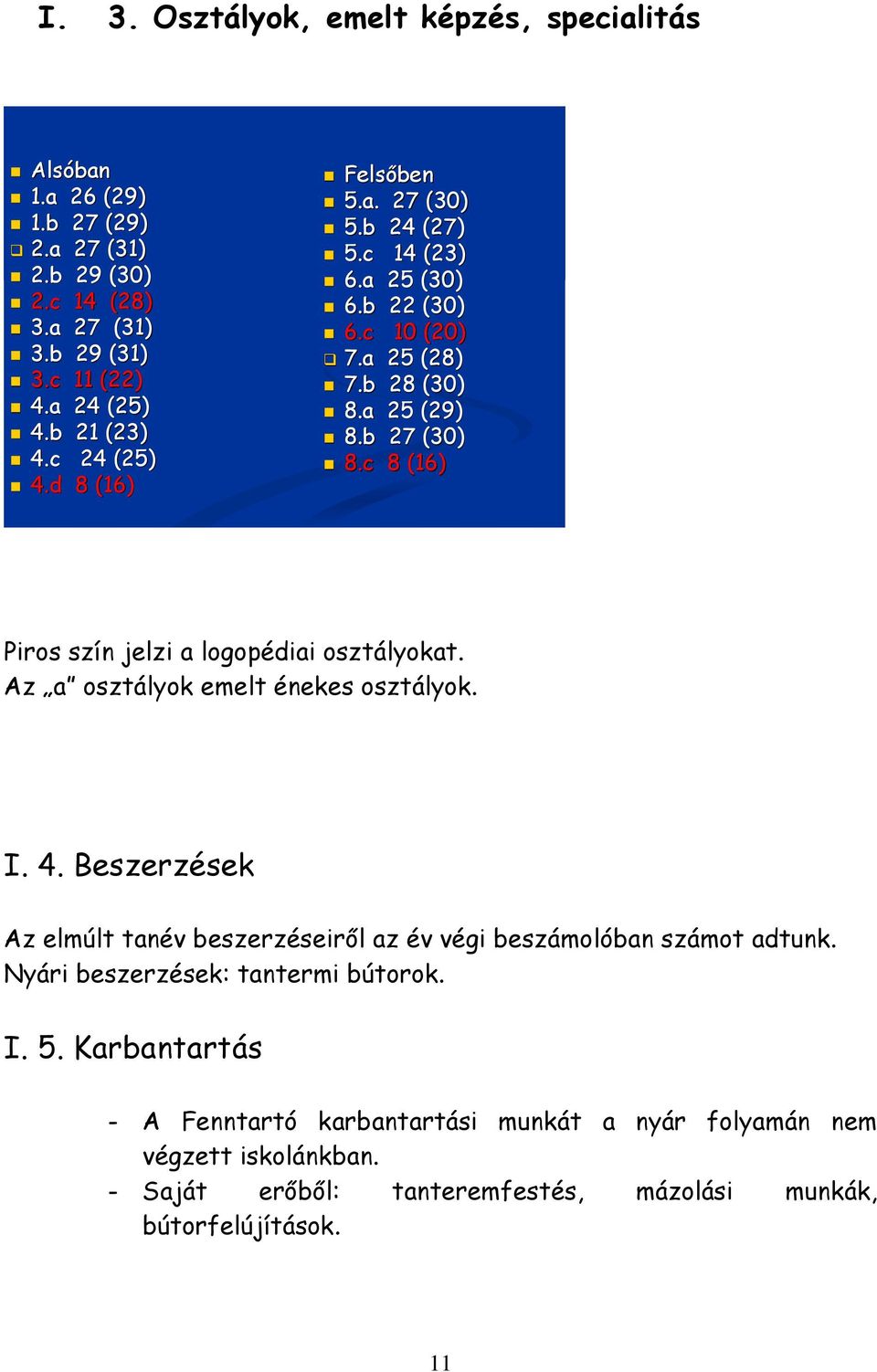 c 8 (16) Piros szín jelzi a logopédiai osztályokat. Az a osztályok emelt énekes osztályok. I. 4.