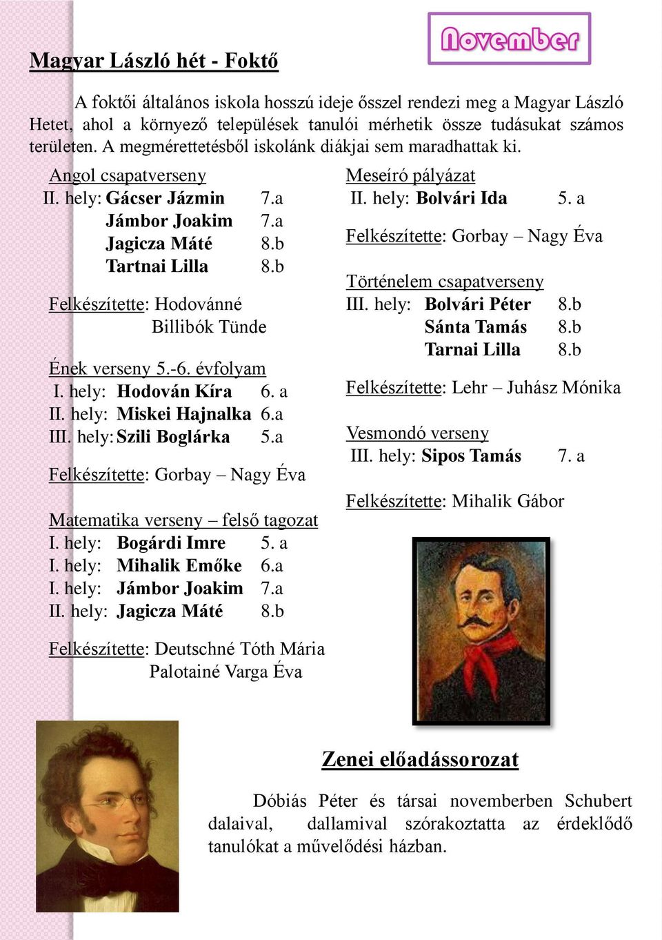 b Felkészítette: Hodovánné Billibók Tünde Ének verseny 5.-6. évfolyam I. hely: Hodován Kíra 6. a II. hely: Miskei Hajnalka 6.a III. hely: Szili Boglárka 5.