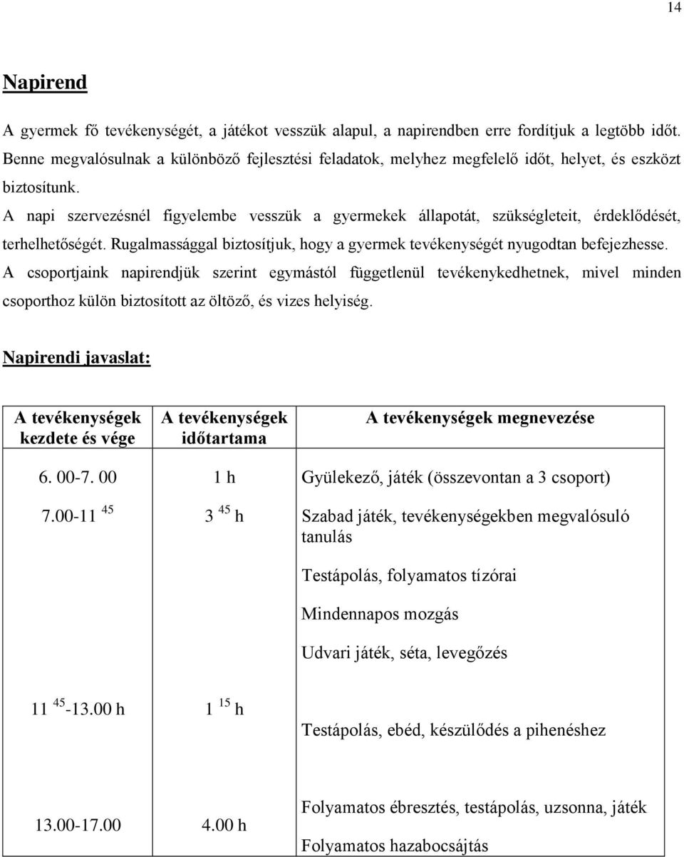 A napi szervezésnél figyelembe vesszük a gyermekek állapotát, szükségleteit, érdeklődését, terhelhetőségét. Rugalmassággal biztosítjuk, hogy a gyermek tevékenységét nyugodtan befejezhesse.