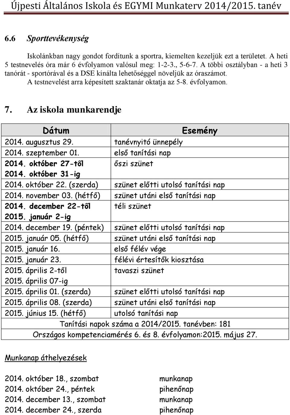 Az iskola munkarendje Dátum Esemény 2014. augusztus 29. tanévnyitó ünnepély 2014. szeptember 01. első tanítási nap 2014. október 27-től őszi szünet 2014. október 31-ig 2014. október 22.