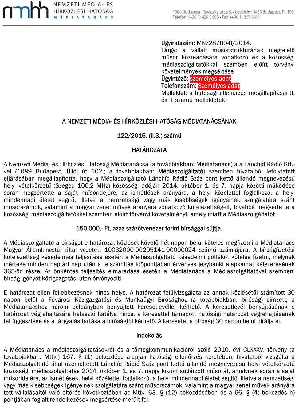 Személyes adat Melléklet: a hatósági ellenőrzés megállapításai (I. és II. számú mellékletek) A NEMZETI MÉDIA- ÉS HÍRKÖZLÉSI HATÓSÁG MÉDIATANÁCSÁNAK 122/2015. (II.3.