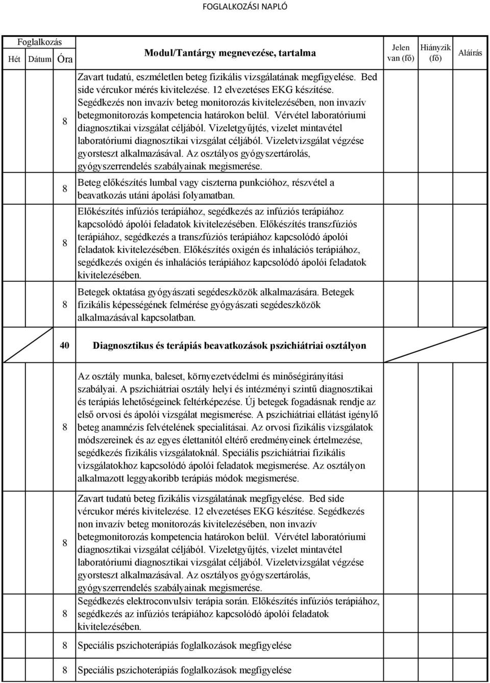 Az osztályos gyógyszertárolás, gyógyszerrendelés szabályainak megismerése. Beteg előkészítés lumbal vagy ciszterna punkcióhoz, részvétel a beavatkozás utáni ápolási folyamatban.