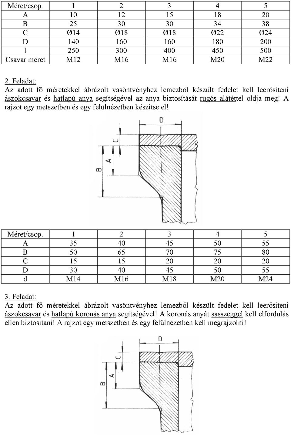 A rajzot egy metszetben és egy felülnézetben készítse el! A 35 40 45 50 55 B 50 65 70 75 80 C 15 15 20 20 20 D 30 40 45 50 55 d M14 M16 M18 M20 M24 3.