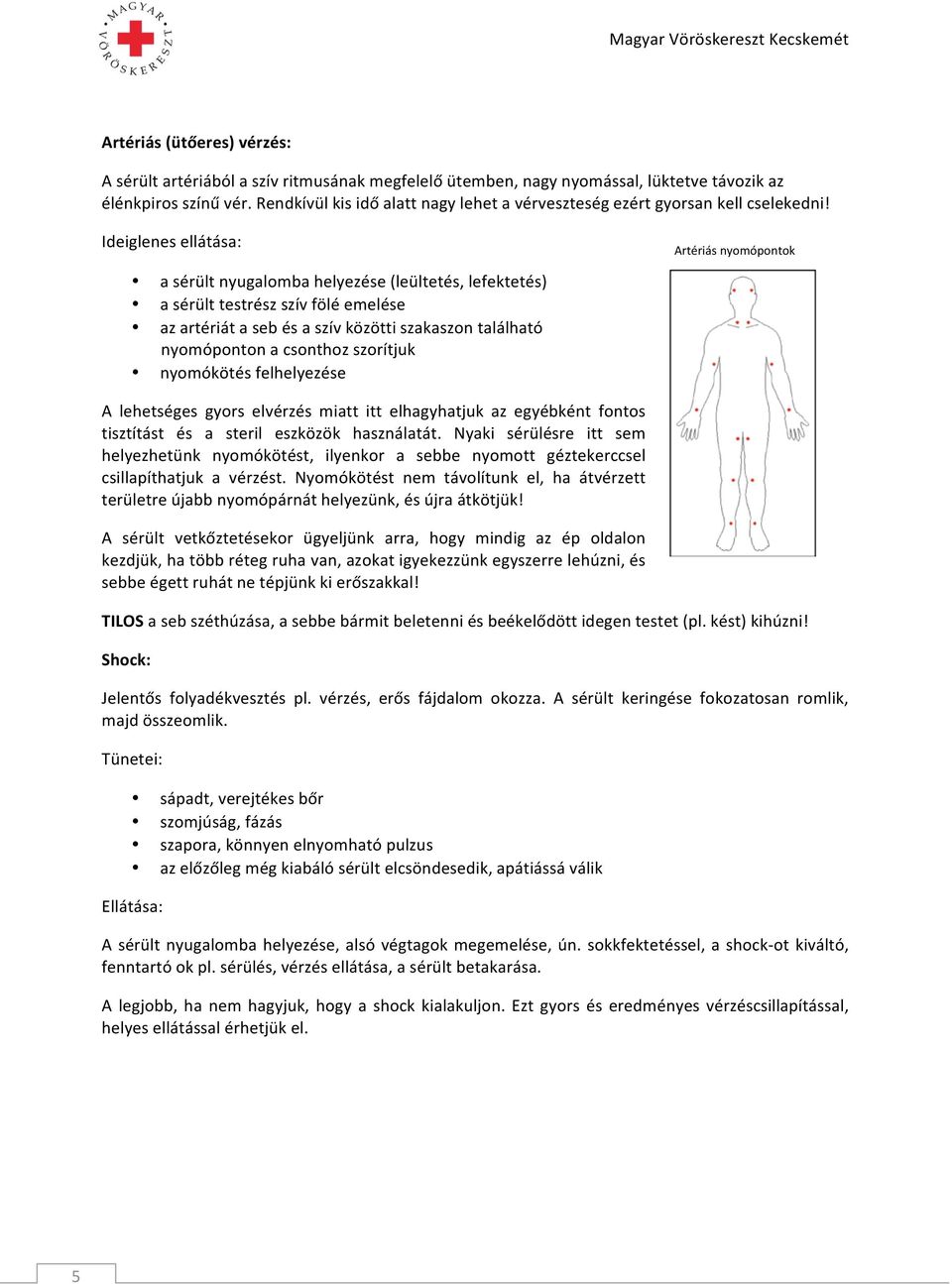 Ideiglenes ellátása: Artériás nyomópontok a sérült nyugalomba helyezése (leültetés, lefektetés) a sérült testrész szív fölé emelése az artériát a seb és a szív közötti szakaszon található nyomóponton