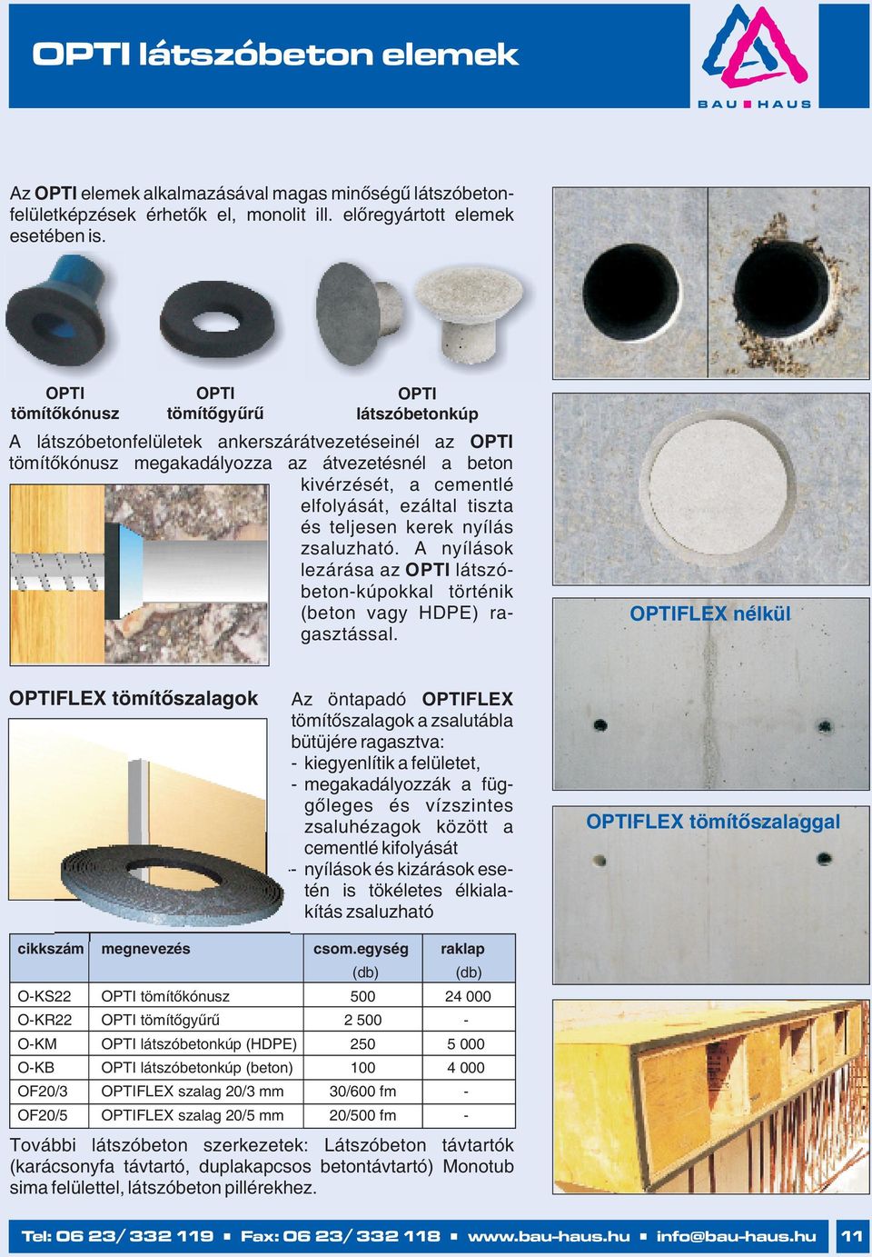 ezáltal tiszta és teljesen kerek nyílás zsaluzható. A nyílások lezárása az OPTI látszóbeton-kúpokkal történik (beton vagy HDPE) ragasztással.