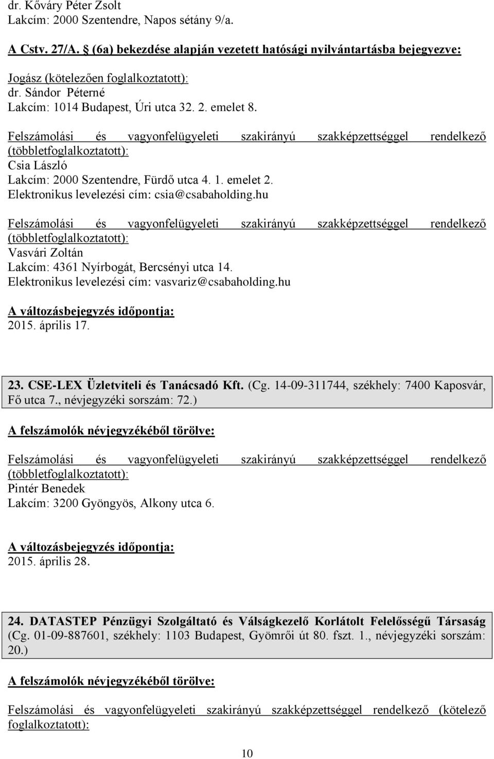 hu Vasvári Zoltán Lakcím: 4361 Nyírbogát, Bercsényi utca 14. Elektronikus levelezési cím: vasvariz@csabaholding.hu 2015. április 17. 23. CSE-LEX Üzletviteli és Tanácsadó Kft. (Cg.