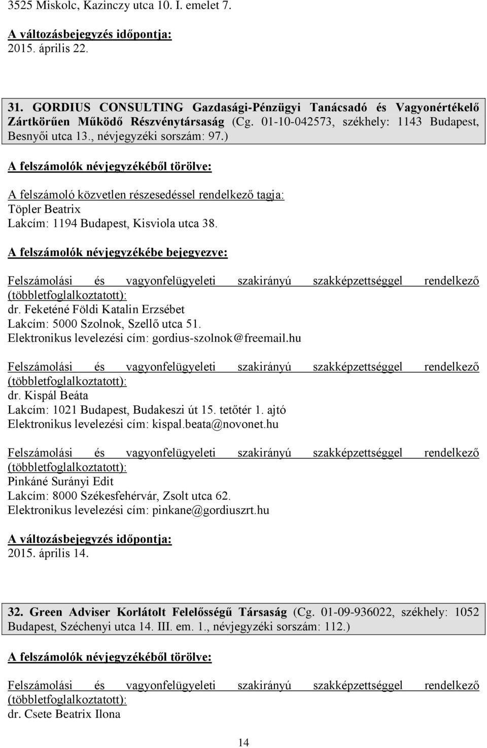 Feketéné Földi Katalin Erzsébet Lakcím: 5000 Szolnok, Szellő utca 51. Elektronikus levelezési cím: gordius-szolnok@freemail.hu dr. Kispál Beáta Lakcím: 1021 Budapest, Budakeszi út 15. tetőtér 1.