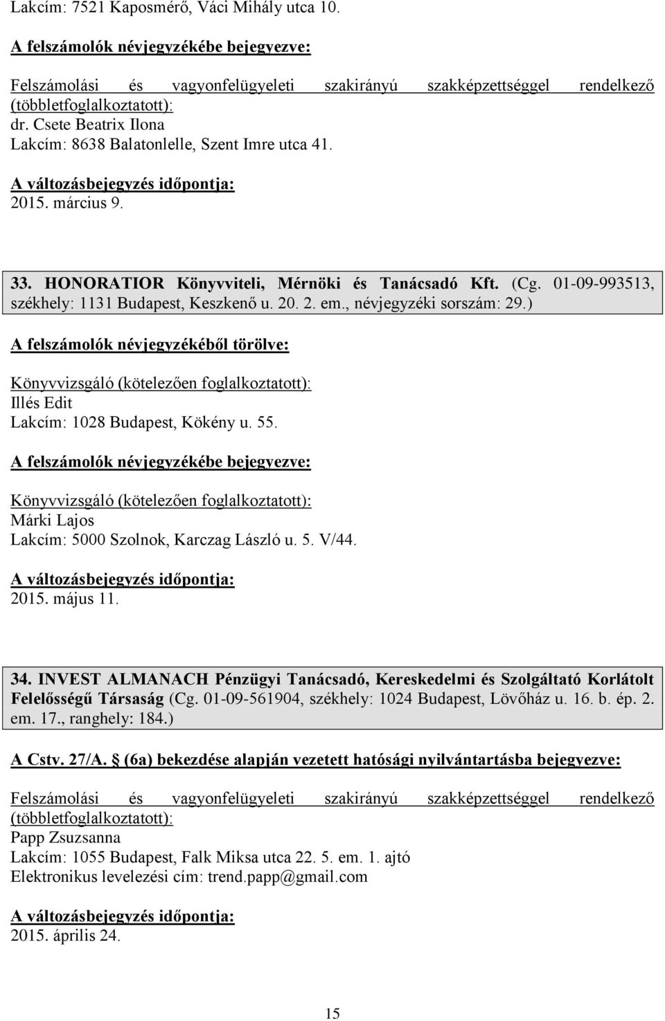 Könyvvizsgáló (kötelezően Márki Lajos Lakcím: 5000 Szolnok, Karczag László u. 5. V/44. 2015. május 11. 34.