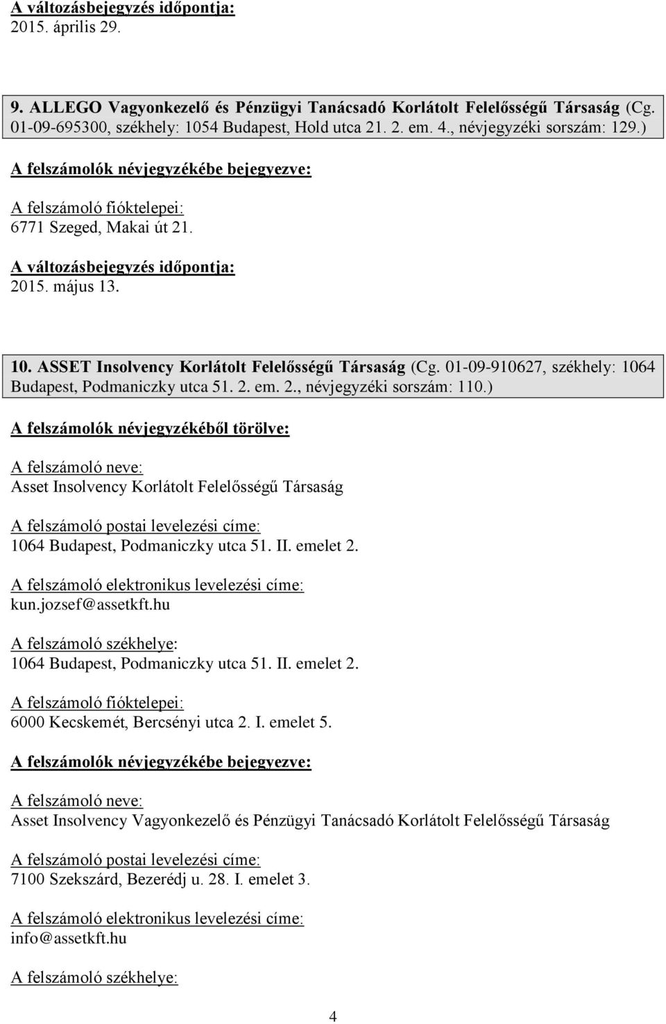 ) A felszámoló neve: Asset Insolvency Korlátolt Felelősségű Társaság A felszámoló postai levelezési címe: 1064 Budapest, Podmaniczky utca 51. II. emelet 2.