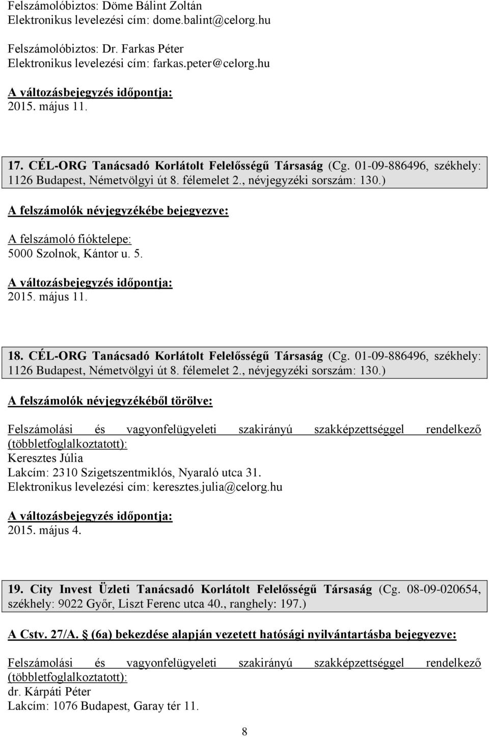 5. 2015. május 11. 18. CÉL-ORG Tanácsadó Korlátolt Felelősségű Társaság (Cg. 01-09-886496, székhely: 1126 Budapest, Németvölgyi út 8. félemelet 2., névjegyzéki sorszám: 130.