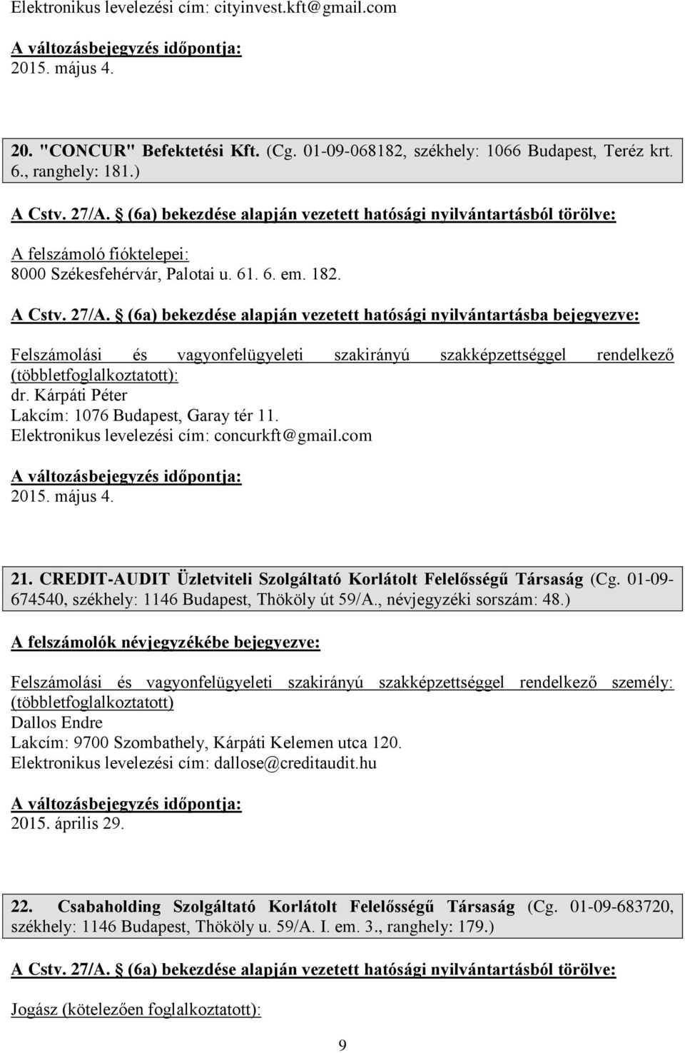 (6a) bekezdése alapján vezetett hatósági nyilvántartásba bejegyezve: dr. Kárpáti Péter Lakcím: 1076 Budapest, Garay tér 11. Elektronikus levelezési cím: concurkft@gmail.com 2015. május 4. 21.