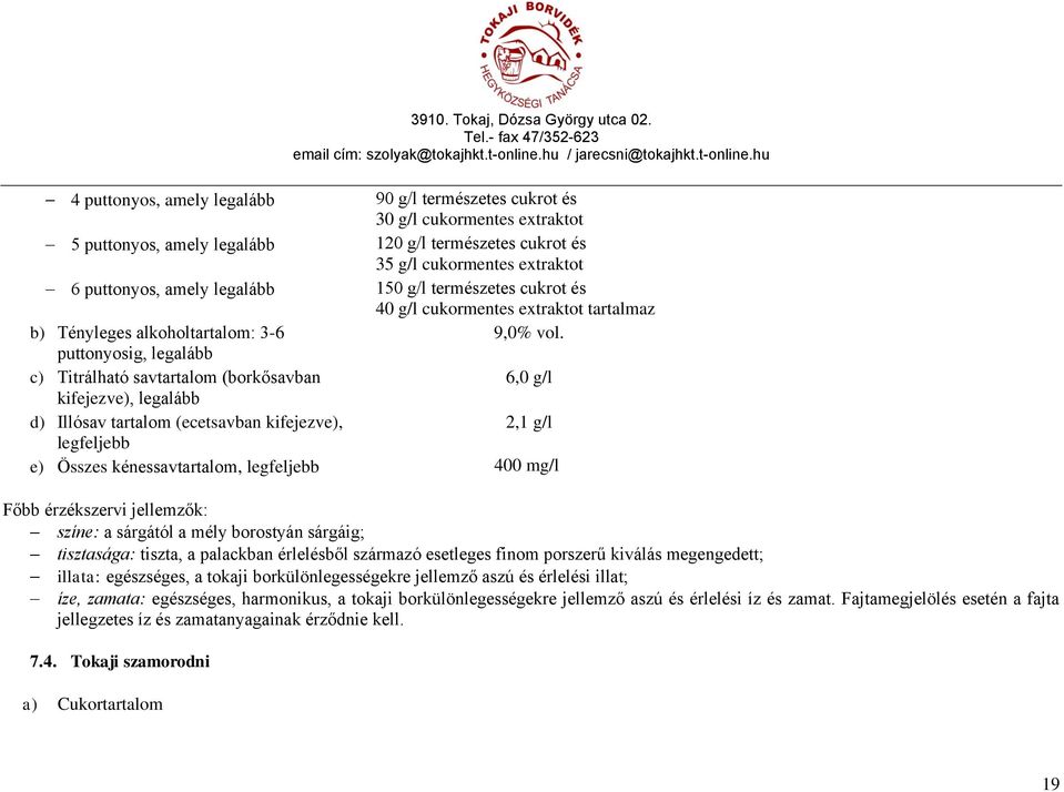 puttonyosig, legalább c) Titrálható savtartalom (borkősavban 6,0 g/l kifejezve), legalább d) Illósav tartalom (ecetsavban kifejezve), 2,1 g/l legfeljebb e) Összes kénessavtartalom, legfeljebb 400