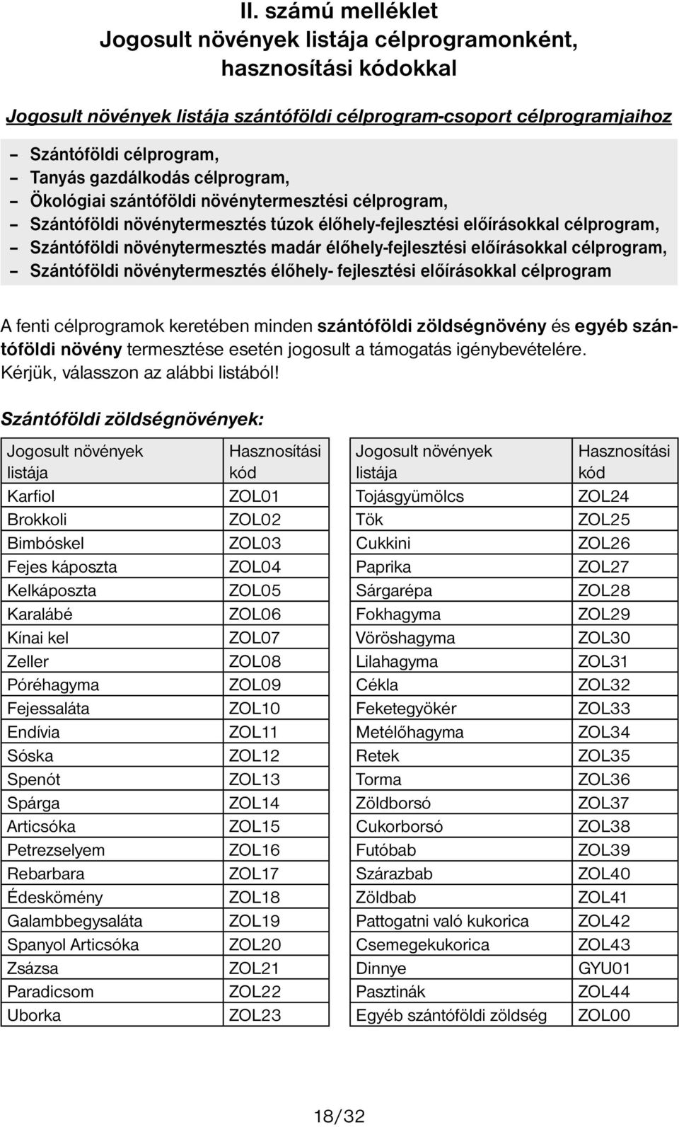 előírásokkal célprogram Szántóföldi növénytermesztés élőhely- fejlesztési előírásokkal célprogram A fenti célprogramok keretében minden szántóföldi zöldségnövény és egyéb szántóföldi növény