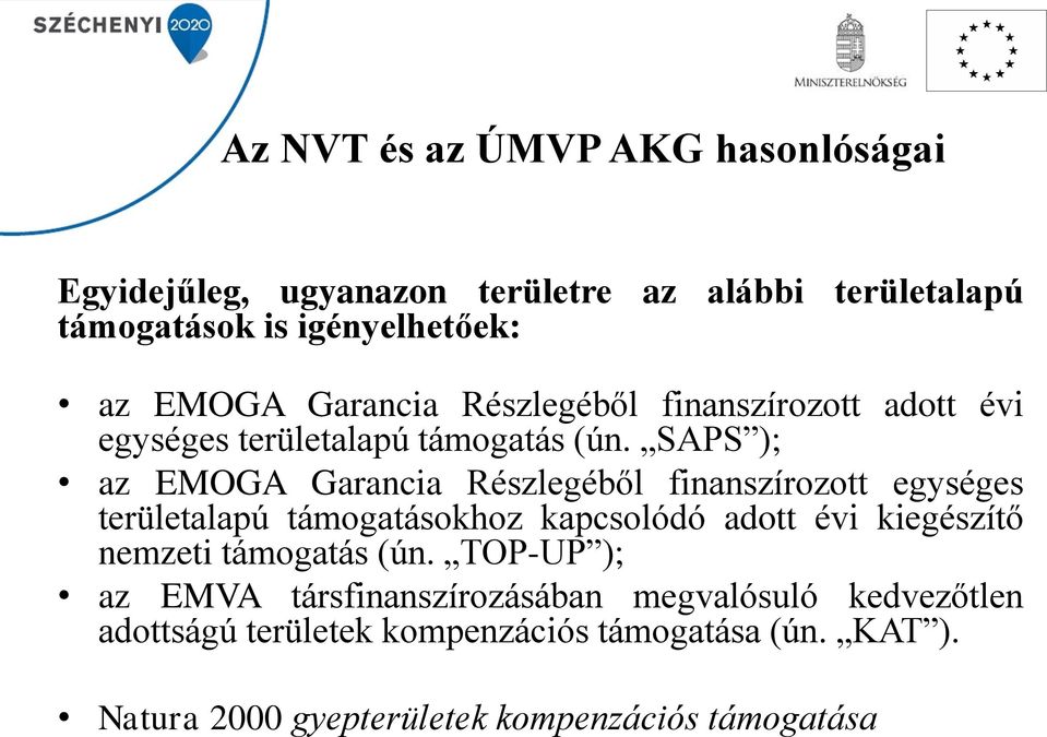 SAPS ); az EMOGA Garancia Részlegéből finanszírozott egységes területalapú támogatásokhoz kapcsolódó adott évi kiegészítő nemzeti