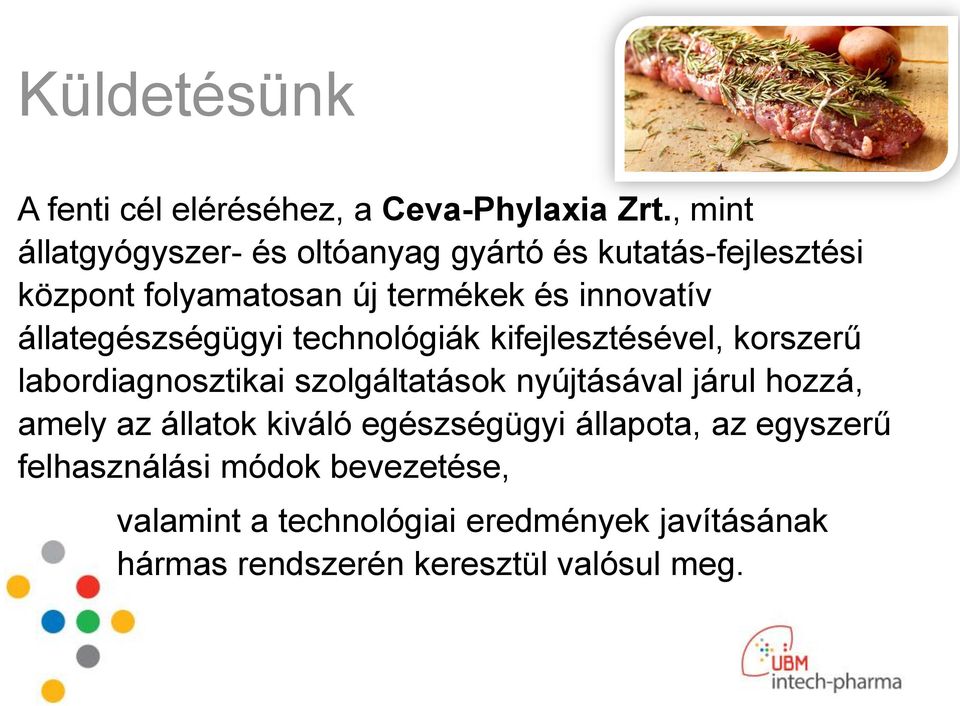 állategészségügyi technológiák kifejlesztésével, korszerű labordiagnosztikai szolgáltatások nyújtásával járul