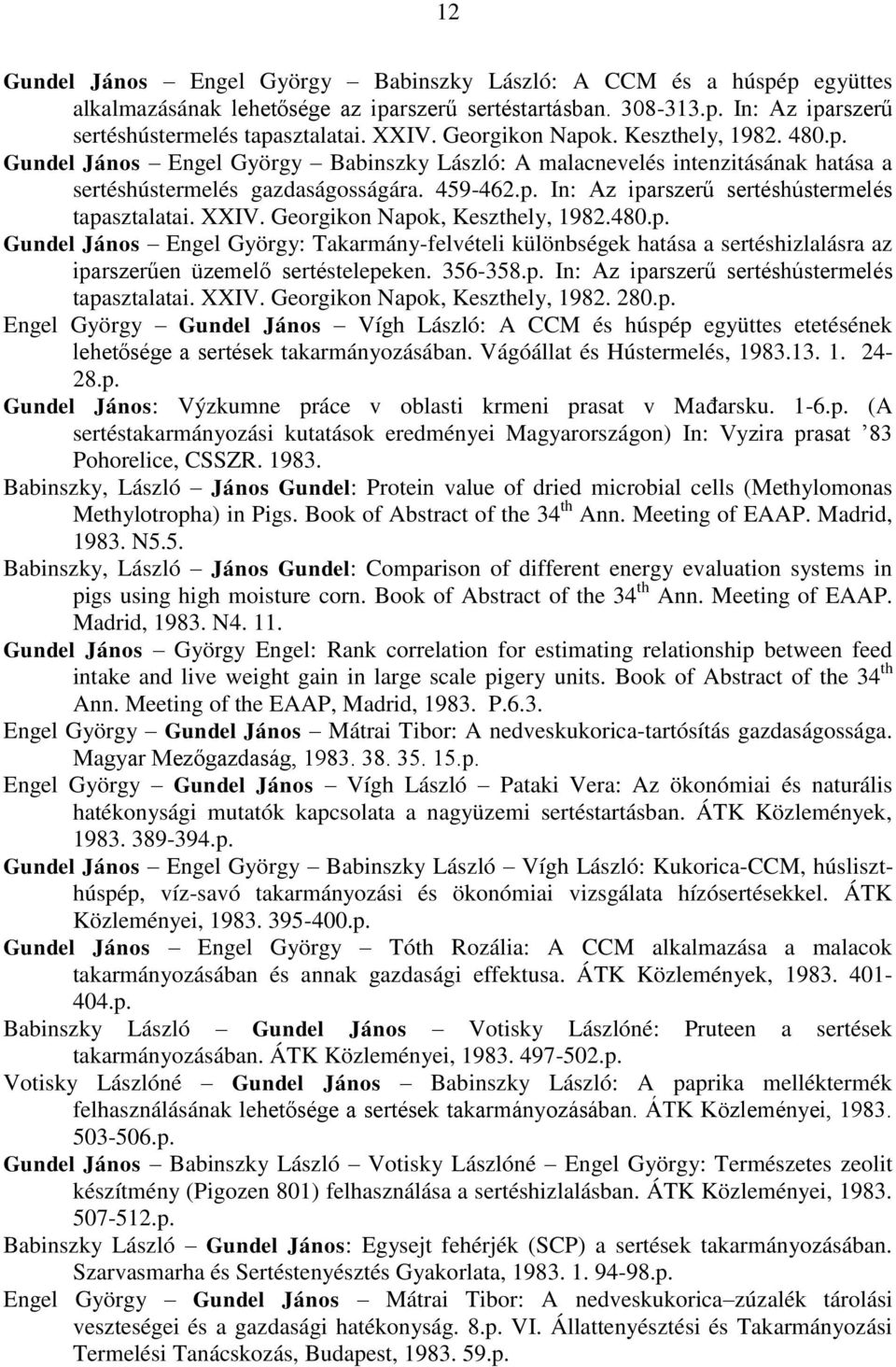 XXIV. Georgikon Napok, Keszthely, 1982.480.p. Gundel János Engel György: Takarmány-felvételi különbségek hatása a sertéshizlalásra az iparszerűen üzemelő sertéstelepeken. 356-358.p. In: Az iparszerű sertéshústermelés tapasztalatai.