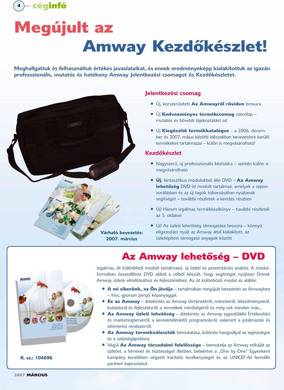 Jelentkezési csomag Új, korszerűsített Az Amwayről röviden brosúra Új Kedvezményes termékcsomag szórólap mutatós és bővebb tájékoztatást ad Új Kiegészítő termékkatalógus a 2006. december és 2007.