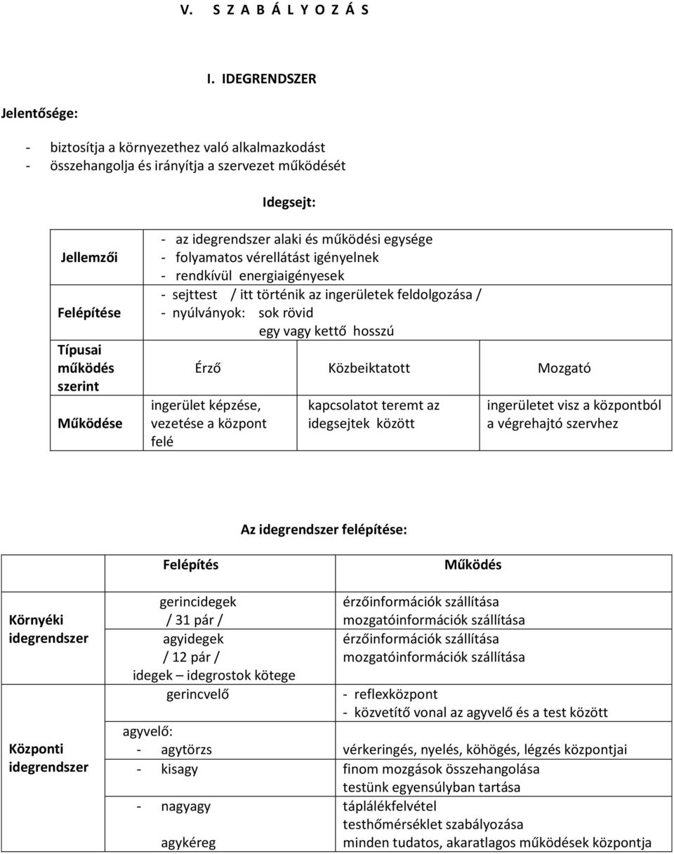 idegrendszer alaki és működési egysége - folyamatos vérellátást igényelnek - rendkívül energiaigényesek - sejttest / itt történik az ingerületek feldolgozása / - nyúlványok: sok rövid egy vagy kettő